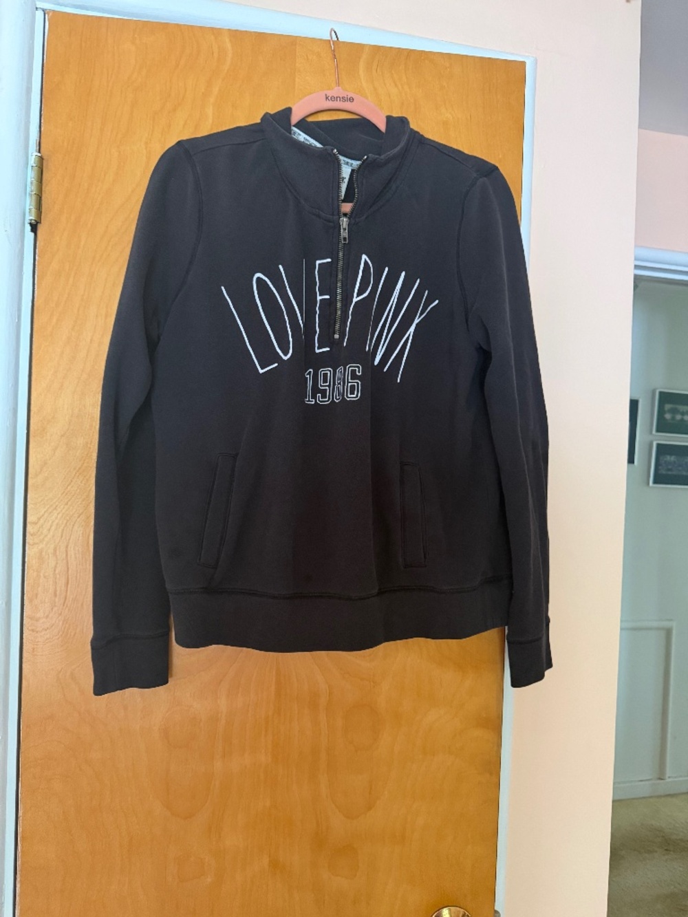 Pink by Victoria's Secret Black 'Love Pink' Logo Quarter Zip, Size L